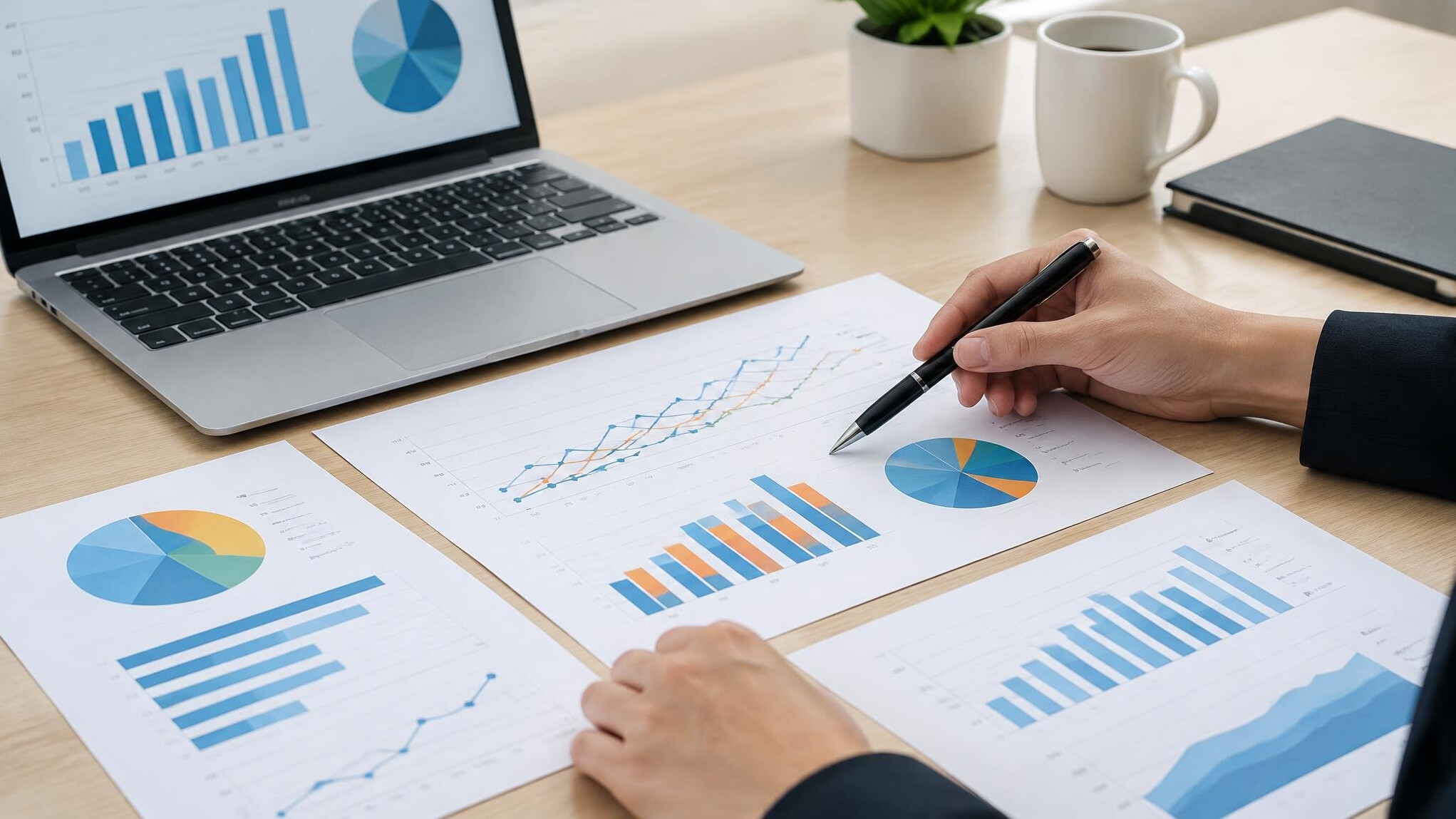Laptop and documents with charts on a desk