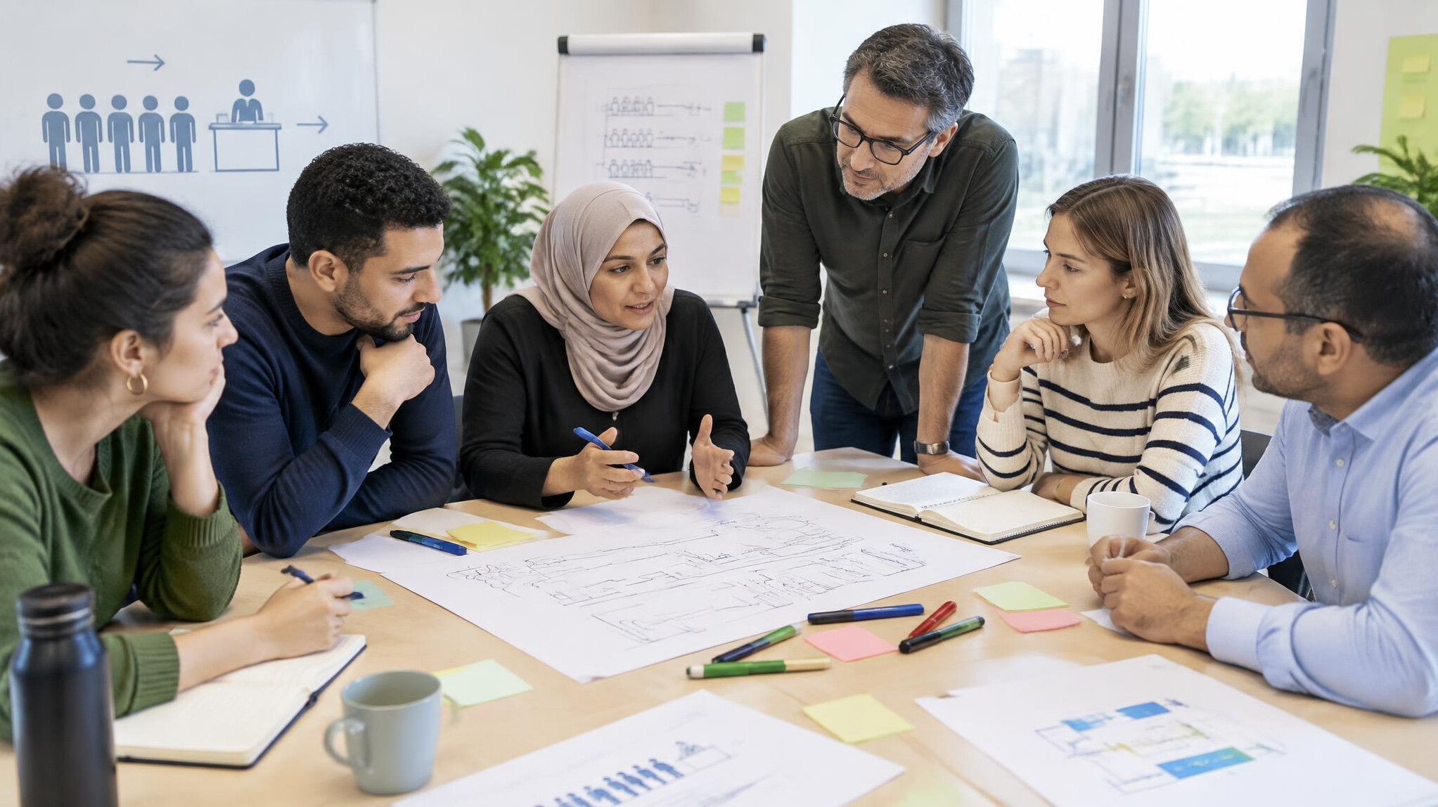 Workshop with people discussing around a table