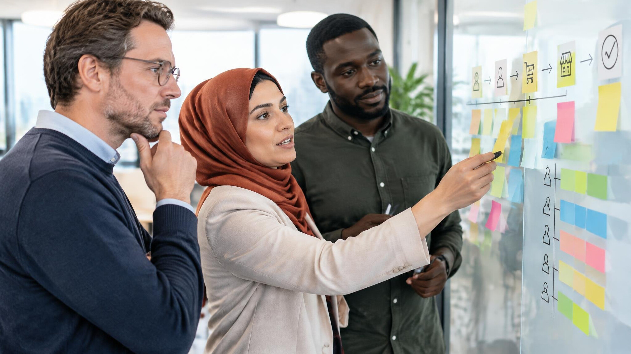 Team planning with sticky notes on a glass wall