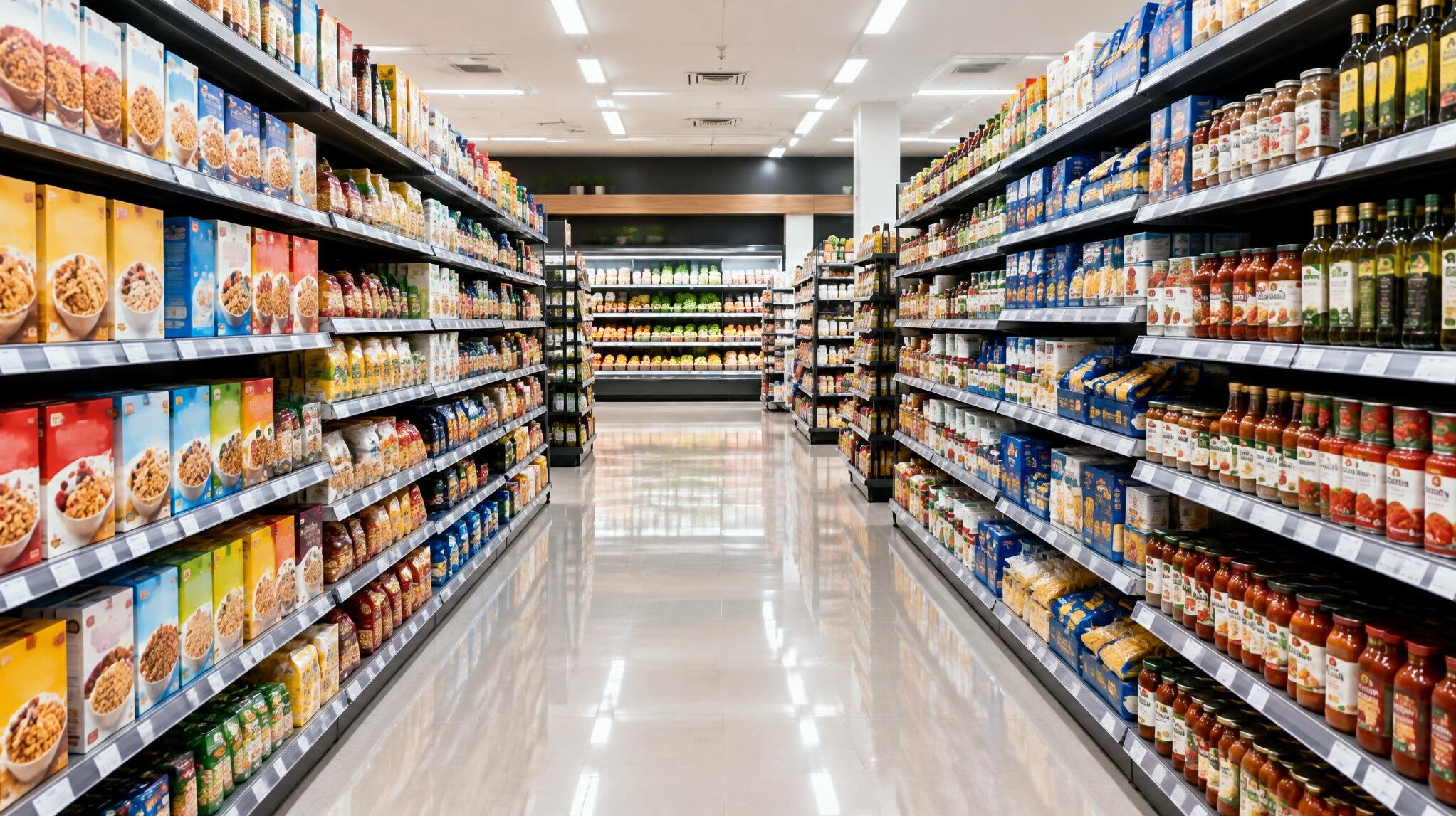 Supermarket aisle with shelves of products