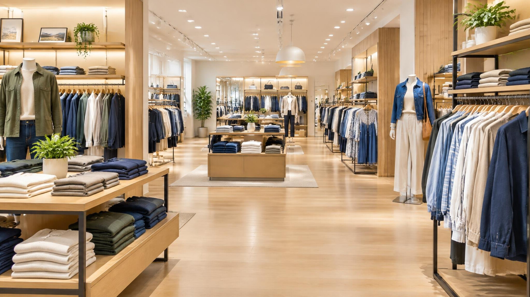 Bright retail clothing store interior with shelves
