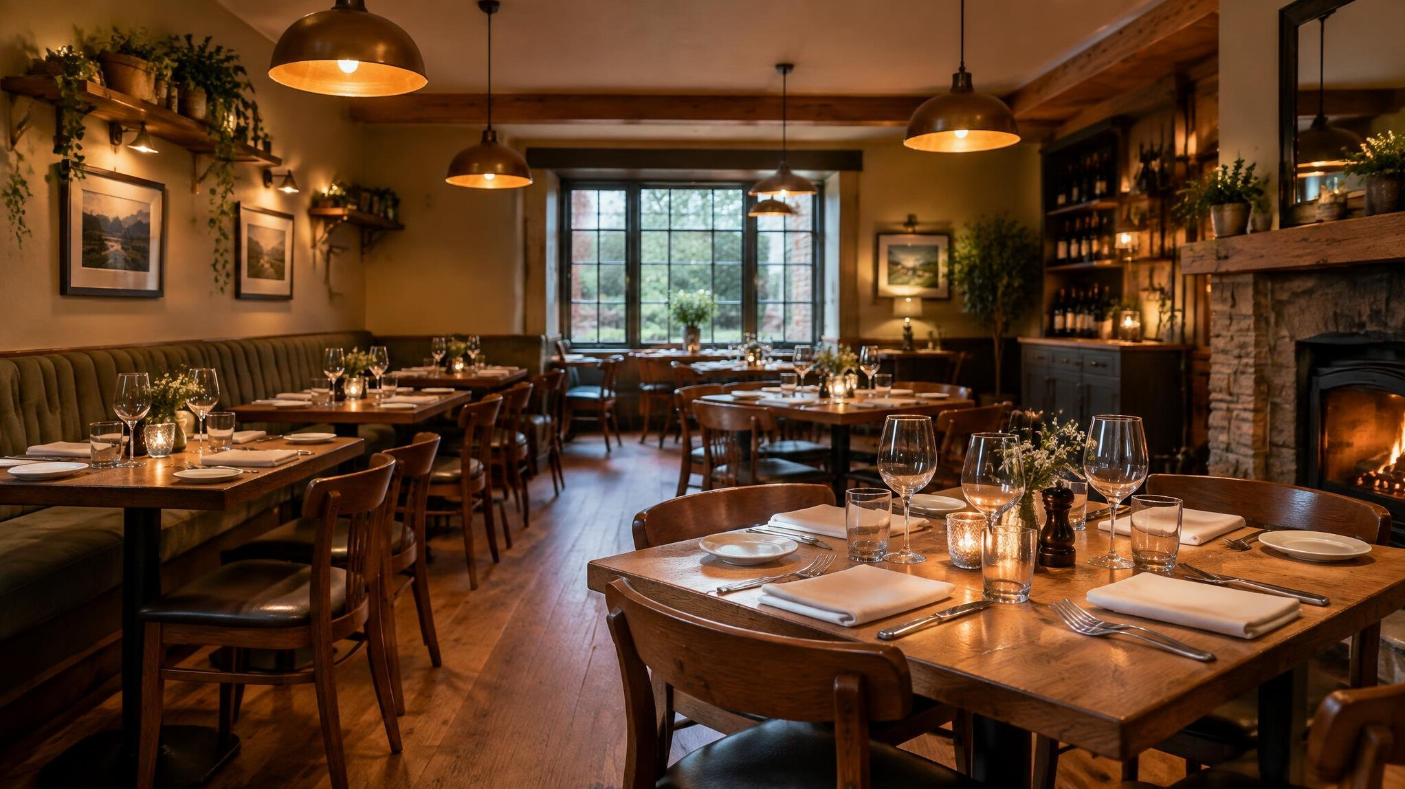 Cosy restaurant interior with set tables
