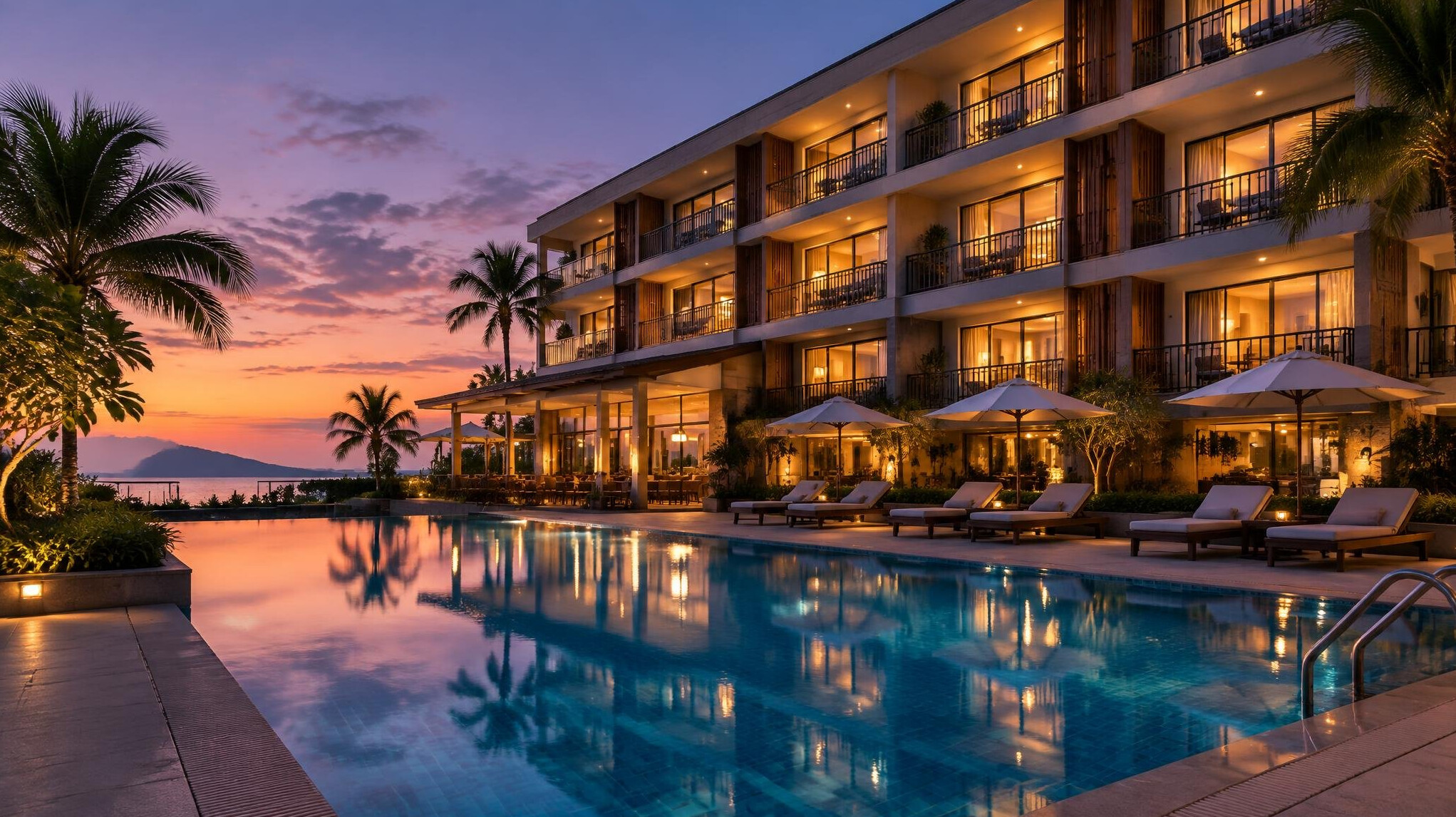 Hotel exterior with swimming pool at dusk