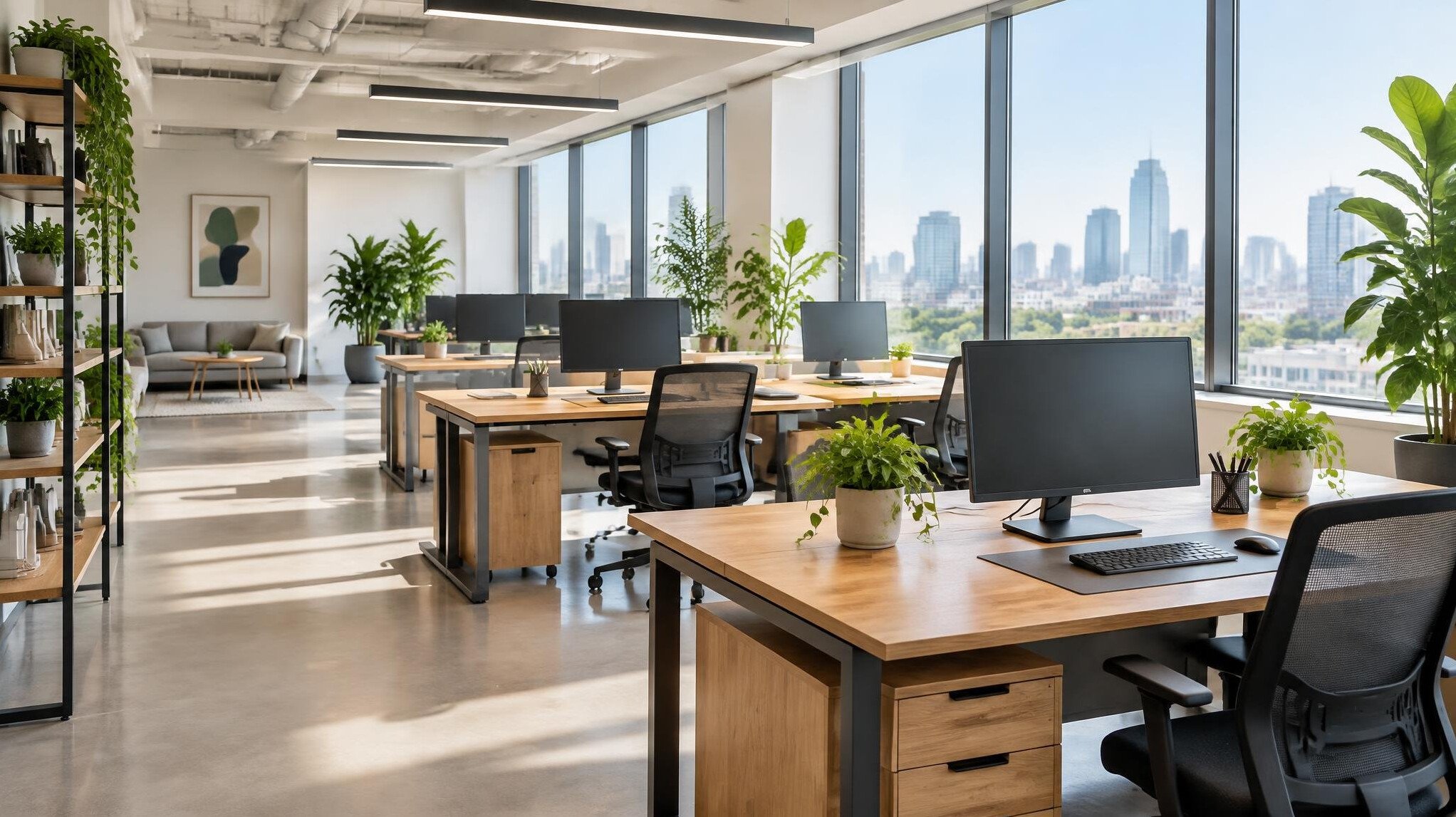 Modern bright office space with desks and windows